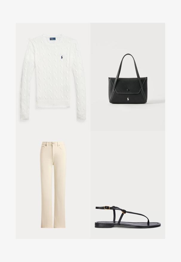 Hvid kabelstrikket trøje med lange ærmer, rund halsudskæring og en lille mørkeblå Polo Ralph Lauren-logo på venstre bryst.; Jeans i cremefarvet straight-leg med knaplukning foran og fem-lomme-styling på en ensfarvet baggrund.; Sort flad sandal med et minimalistisk design. Har tynde stropper, en tæerem, guldhardware og en glat, tekstureret sål.; Sort læderhåndtaske med to håndtag, frontklap med knaplukning, hvide syninger og lille hestelogo på ensfarvet baggrund.