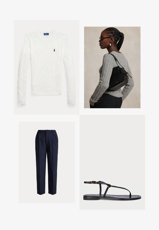 Biely sveter s dlhými rukávmi s vrkočovým vzorom, okrúhlym výstrihom a malým tmavomodrým logom Polo Ralph Lauren na ľavej strane hrudníka.; Tmavomodré na mieru šité nohavice s rovnými nohavicami, s hladkou textúrou, prednými záhybmi a pútkami na opasok. Bez viditeľných vreciek.; Čierne ploché sandále s minimalistickým dizajnom. Obsahujú tenké popruhy, prstový opierok, zlaté dekoratívne prvky a hladkú štruktúrovanú podrážku.; Žena s vrkočmi a okuliarmi, ktorá má na sebe sivý sveter s vrkočovým vzorom a nosí čiernu koženú kabelku s zlatými kovaniami.