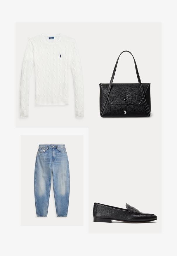 Biely sveter s dlhými rukávmi s vrkočovým vzorom, okrúhlym výstrihom a malým tmavomodrým logom Polo Ralph Lauren na ľavej strane hrudníka.; Svetlomodré džínsy s vysokým pásom, mierne vyblednuté a opotrebované pri predných vreckách, päť vrecový štýl a zužujúce sa nohavice.; Čierny textúrovaný kožený mokasín s nízkym podpätkom a klasickým remienkom na mincu, zobrazený z profilu na jednoduchom svetlom pozadí.; Čierna textúrovaná kožená kabelka s jedným zapínacím očkom, dvoma ramennými popruhmi, bielym prešívaním a malým bielym logom koňa na prednej strane.