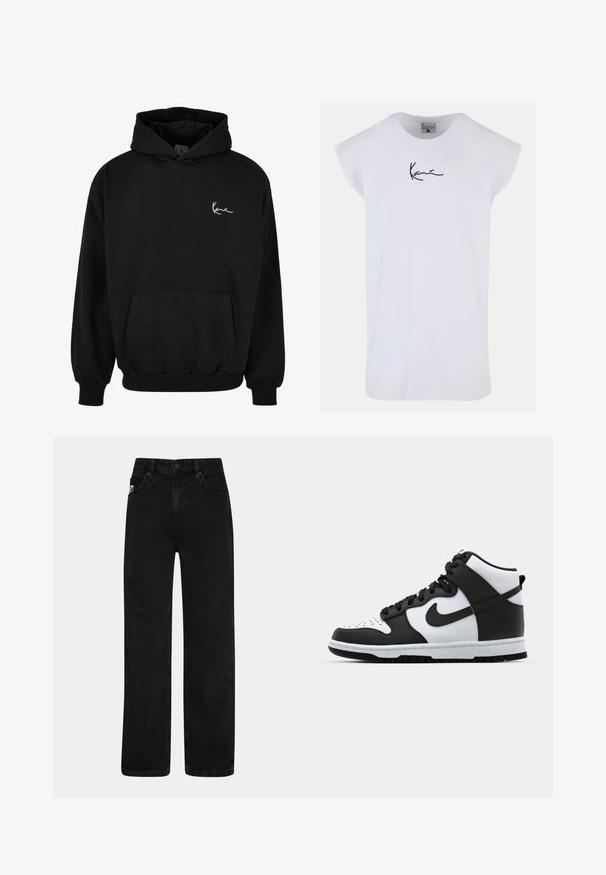 Sort hættebluse lavet af bomuld, med en frontlomme, ribbede manchetter og et hvidt signaturlogo på venstre bryst.; Karl Kani SMALL SIGNATURE TEE - Top - white; Sorte denim jeans med lige ben, der har forlommer, lukning med knap og en diskret logo-patch på taljen.; Sort og hvid høj-top sneakers med læderoverdel, perforeret tåboks, fremtrædende swoosh-logo og struktureret gummisål.