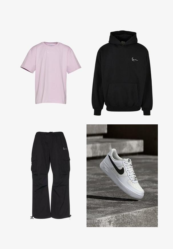 Sort hættebluse lavet af bomuld, med en frontlomme, ribbede manchetter og et hvidt signaturlogo på venstre bryst.; Lavendel kortærmet t-shirt lavet af bomuld, med et hvidt logo på brystet, afslappet pasform og rund halsudskæring.; Sorte cargobukser lavet af letvægtsstof, med elastisk talje med snøre, sidelommer og justerbare manchetter.; Hvid Nike Air Force 1-sneaker med sort swoosh, snørebånd bundet, placeret i luften over tekstureret betonoverflade udendørs.