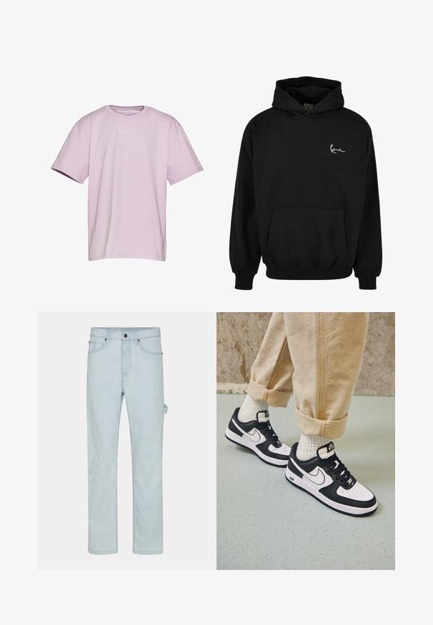 Schwarzer Kapuzenpullover aus Baumwolle mit einer Fronttasche, gerippten Bündchen und einem weißen Markenzeichen auf der linken Brust.; Lila T-Shirt mit kurzen Ärmeln aus Baumwolle, mit einem weißen Logo auf der Brust, in lockerer Passform und Rundhalsausschnitt.; Hellblaue Jeans, gerade geschnitten, mit Knopfverschluss, fünf Taschen und seitlichen Schlaufen für zusätzliche Funktionalität.; Schwarz-weiße Nike Air Force 1 Sneaker mit einem Obermaterial aus Leder, perforierter Zehenpartie und strukturiertem Sohlendesign, getragen mit aufgerollten beigen Hosen und weißen Socken.