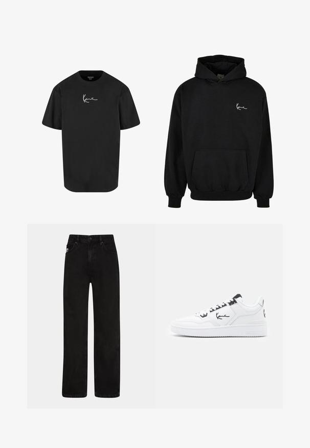 Zwarte hooded sweatshirt van katoen, met een voorzak, geribde manchetten en een witte handtekeninglogo op de linkerborst.; Zwarte katoenen t-shirt met korte mouwen, ronde hals en een witte handtekeninglogo gedrukt op de voorkant. Soepele textuur en een ontspannen pasvorm.; Zwarte denim jeans met een rechte pijp, voorzien van voorzakken, een knoopsluiting en een subtiele logopatch op de tailleband.; Witte leren sneaker met zwarte accenten, voorzien van een handtekeninglogo aan de zijkant, ronde neus en een textuur rubberen zool.