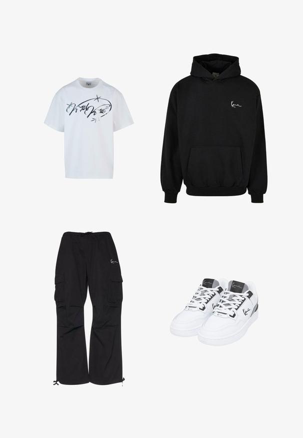 Sort hættebluse lavet af bomuld, med en frontlomme, ribbede manchetter og et hvidt signaturlogo på venstre bryst.; Hvid bomulds t-shirt med sølvfarvet skriftprint og stjerner. Løstsiddende med korte ærmer og rund halsudskæring.; Sorte cargobukser lavet af letvægtsstof, med elastisk talje med snøre, sidelommer og justerbare manchetter.; Hvite sportsko med en glatt læroverdel, grå detaljer på tungen og hælen, og sort logo-detalje på siden.