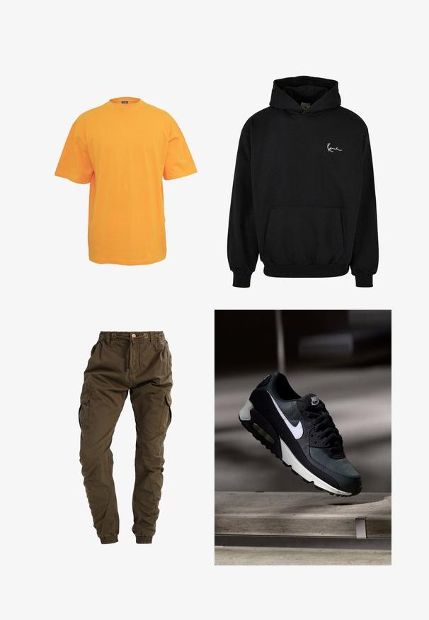 Schwarzer Kapuzenpullover aus Baumwolle mit einer Fronttasche, gerippten Bündchen und einem weißen Markenzeichen auf der linken Brust.; Oranges Baumwoll-T-Shirt mit rundem Halsausschnitt, kurzen Ärmeln und lockerer Passform. Keine Muster oder Akzente. Glatte Textur.; Cargo-Hosen in Olivgrün, aus Baumwolle. Mit elastischem Bund, Kordelzug, seitlichen Taschen und schmal zulaufenden Bündchen. Strapazierfähige Stoffbeschaffenheit.; Schwarzer und grauer Nike Air Max Sneaker mit weißem Swoosh, schwebend über einer Betonfläche vor einem verschwommenen dunklen Hintergrund.