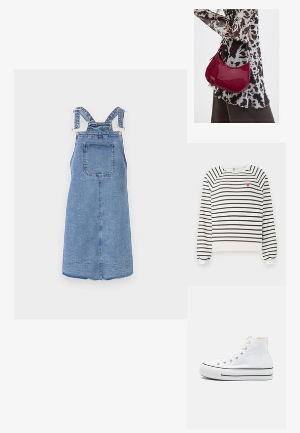 Ribašvetser off-white ja musta värviga, raglanvarrukatega, ümmarguse kaelusega ning väikese punase südame tikandiga rinnal. Pehme kangas.; Denim üldkleit reguleeritavate rihmadega, keskmise pikkusega, esiküljel tasku, pleekinud sinine kangas ja toore serv alumisel äärel.; Valged kõrged tossud, millel on tekstiilmaterjal, must kummist tallat ja kontrastne must riba keskosas. Ümar varbakiht ja nöörimise disain.; Naine, kes kannab must-valget mustriga pluusi ja hoiab läikivat punast õlakotti ühevärvilise tausta ees.