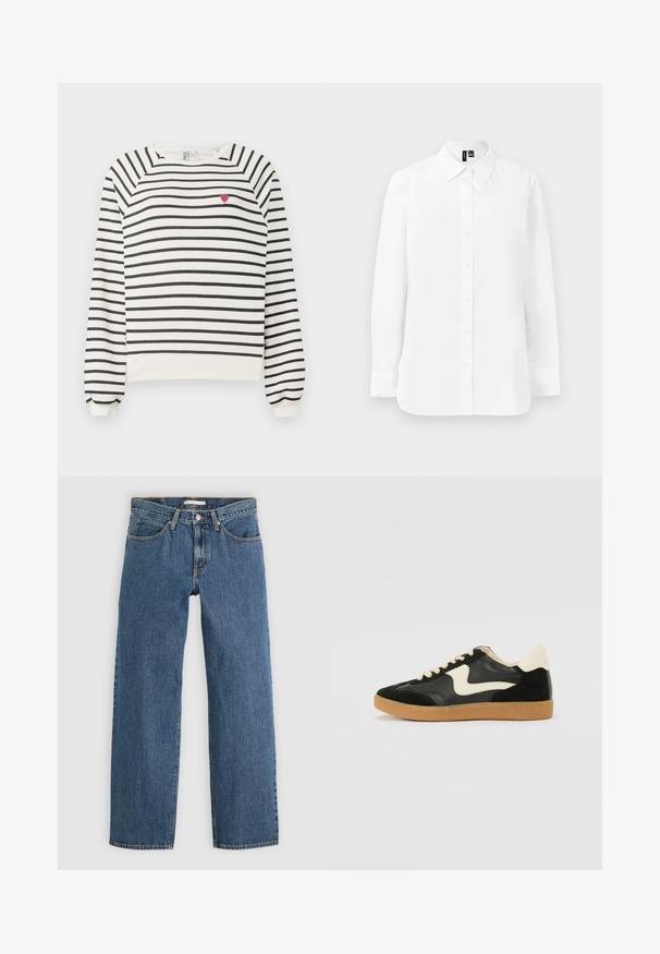 Stribet sweatshirt i off-white og sort med raglanærmer, rund halsudskæring og lille rød hjertebroderi på brystet. Blødt stof.; Hvid langærmet skjorte med knapper, spids krave, standard manchetter og lige kant mod en ensartet lys baggrund.; Blå denim jeans med lige pasform, der har fem lommer, knaplukning og kontrastsyninger langs sømmene.; Sorte ruskinds- og lædersneakers med en cremefarvet side-swoosh og lys cremefarvet hæl. Har beige snørebånd og en gummirubber-sål.