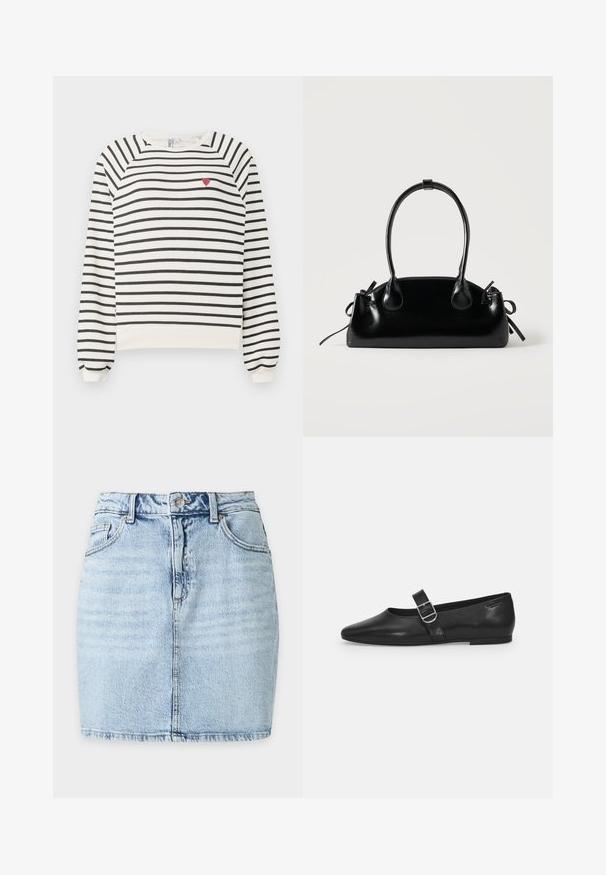 Pruhovaná mikina v off-white a čiernej farbe s raglánovými rukávmi, okrúhlym výstrihom a malou výšivkou červenej srdiečka na hrudi. Mäkká látka.; Svetlomodrá denimová minisukňa s predným gombíkom, pútkami na opasok, dvoma prednými vreckami a viditeľným vertikálnym švom v strede.; Čierna kožená plochá obuv s okrúhlym nosom, jedným nastaviteľným pásikom so sponou a hladkým, lesklým povrchom. Minimalistický dizajn s nízkym podpätkom.; Malá čierna lesklá kabelka s dvoma dlhými rúčkami a bočnými šnúrkovými detailmi na jednoduchom svetlom pozadí.