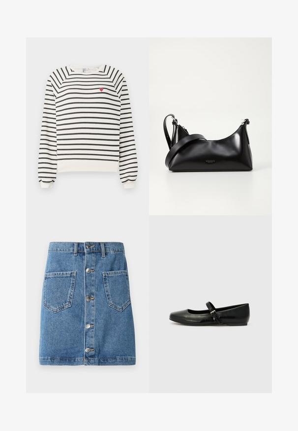 Gestreifter Pullover in Off-White und Schwarz mit Raglanärmeln, Rundhalsausschnitt und einer kleinen roten Herzstickerei auf der Brust. Weicher Stoff.; Denimrock in einem hellblauen Farbton, mit einer Frontknopfverschluss, zwei aufgesetzten Taschen und einem geraden Schnitt. Der Stoff hat eine klassische Textur.; Schwarze Leder-Ballerinas mit einer runden Spitze, einer flachen Sohle und einem dünnen, verstellbaren Riemen über dem Spann mit einer Metallschnalle.; Schwarze lederne Handtasche mit glatter Textur. Verfügt über einen verstellbaren Riemen und ein elegantes, minimalistisches Design mit einem Reißverschluss.