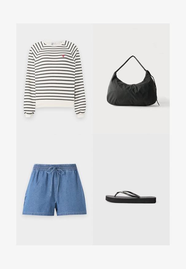 Gestreifter Pullover in Off-White und Schwarz mit Raglanärmeln, Rundhalsausschnitt und einer kleinen roten Herzstickerei auf der Brust. Weicher Stoff.; Blaue Denim-Shorts mit dezenten vertikalen Streifen, elastischem Bund und vorderem Kordelzug.; Schwarze Gummi-Flip-Flop-Sandale mit flacher Sohle, strukturiertem Fußbett und zwei runden Riemen. Minimalistisches Design mit schlankem Profil.; Schwarze, weiche Stoff-Schultertasche mit einem Träger und leicht zerknitterter Textur vor einfachem, hellem Hintergrund.