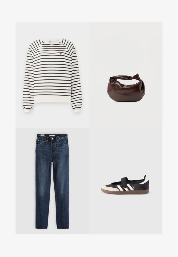 Gestreifter Pullover in Off-White und Schwarz mit Raglanärmeln, Rundhalsausschnitt und einer kleinen roten Herzstickerei auf der Brust. Weicher Stoff.; Dunkelblaue gerade geschnittene Jeans mit fünf Taschen, Knopf- und Reißverschluss und kontrastierenden Nähten.; Schwarzer und beiger Sneaker mit Klettverschluss, drei weißen Streifen an der Seite und einer strukturierten braunen Gummisohle. Markenlogo sichtbar.; Dunkelbraune Lederschultertasche mit weicher, lockerer Form und einem gedrehten Knotengriff vor schlichtem weißem Hintergrund.