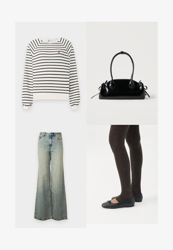 Pruhovaná mikina v off-white a čiernej farbe s raglánovými rukávmi, okrúhlym výstrihom a malou výšivkou červenej srdiečka na hrudi. Mäkká látka.; Svetlomodré džíny s voľným strihom, vyrobené z denimu, s vysokým pásom, vyblednutým umytím a bočnými vreckami s viditeľným stehom.; Nohy v tmavých pásikavých legínach v kombinácii s čiernymi balerínkami s malými mašličkami na bielom pozadí.; Malá čierna lesklá kabelka s dvoma dlhými rúčkami a bočnými šnúrkovými detailmi na jednoduchom svetlom pozadí.