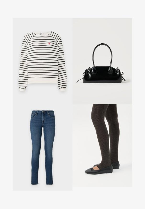 Stribet sweatshirt i off-white og sort med raglanærmer, rund halsudskæring og lille rød hjertebroderi på brystet. Blødt stof.; Slanke blå jeans lavet af denim med en mellemhøj talje, fem lommer og en falmet vask, med standard syninger og lynlås lukning.; Ben iført mørke ribbede leggings kombineret med sorte balletsko med små sløjfedetaljer på hvid baggrund.; Lille sort blank håndtaske med to lange håndtag og snøre-detaljer i siden på en ensfarvet lys baggrund.