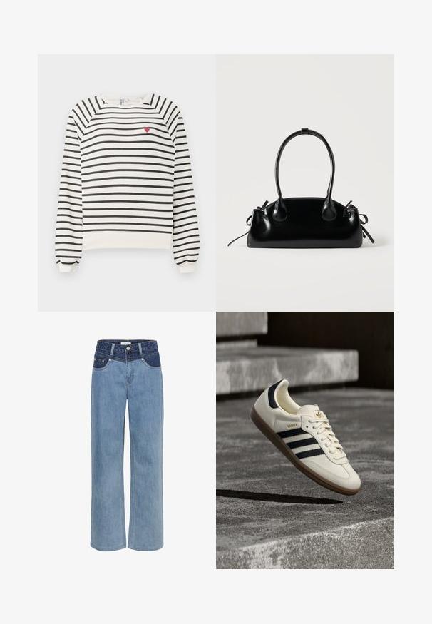 Pruhovaná mikina v off-white a čiernej farbe s raglánovými rukávmi, okrúhlym výstrihom a malou výšivkou červenej srdiečka na hrudi. Mäkká látka.; Svetlomodré riflové nohavice s širokými nohavicami, vysokým pásom, piatimi vreckami a kontrastným tmavomodrým záplatou vpredu.; Biela teniska Adidas Samba s čiernymi pruhmi a gumovou podrážkou, vznášajúca sa nad textúrovanými sivými betónovými schodmi.; Malá čierna lesklá kabelka s dvoma dlhými rúčkami a bočnými šnúrkovými detailmi na jednoduchom svetlom pozadí.