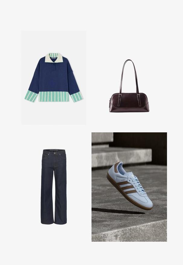 Marineblauwe trui met lange mouwen, met boorden, zoom en kraag met turkoois-witte strepen, voorzien van een enkele marineblauwe knoop onder de kraag.; Donkerdenim wijde pijpen jeans met een hoge taille, voorzien van vijf zakken, contrasterende stiksels en een ruwe zoom aan de onderkant.; Lichtblauwe sneaker met bruine suède accenten, voorzien van drie zijstrepen, platte veters en een getextureerde gumzool. Merkembleem op de tong.; Donkerbruine leren handtas met twee lange schouderbanden, een ritssluiting en subtiele stikseldetails op een witte achtergrond.