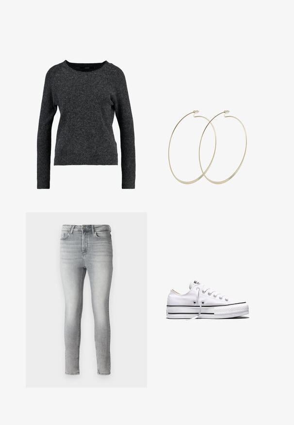 Mørkegrå sweater lavet af blødt, fuzzy stof. Har en rund halsudskæring, lange ærmer og en afslappet pasform med ribbede manchetter og kant.; Grå denim skinny jeans med en glat tekstur, fem-lomme design og en knap- og lynlås lukning i taljen. Fadet finish overalt.; Hvid lavtop lærredssneakers med hvide snørebånd, sorte striber på sålen og gummieret tekstureret tåhætte, sidevendt på hvid baggrund.; Pilgrim Øreringe - gold-coloured