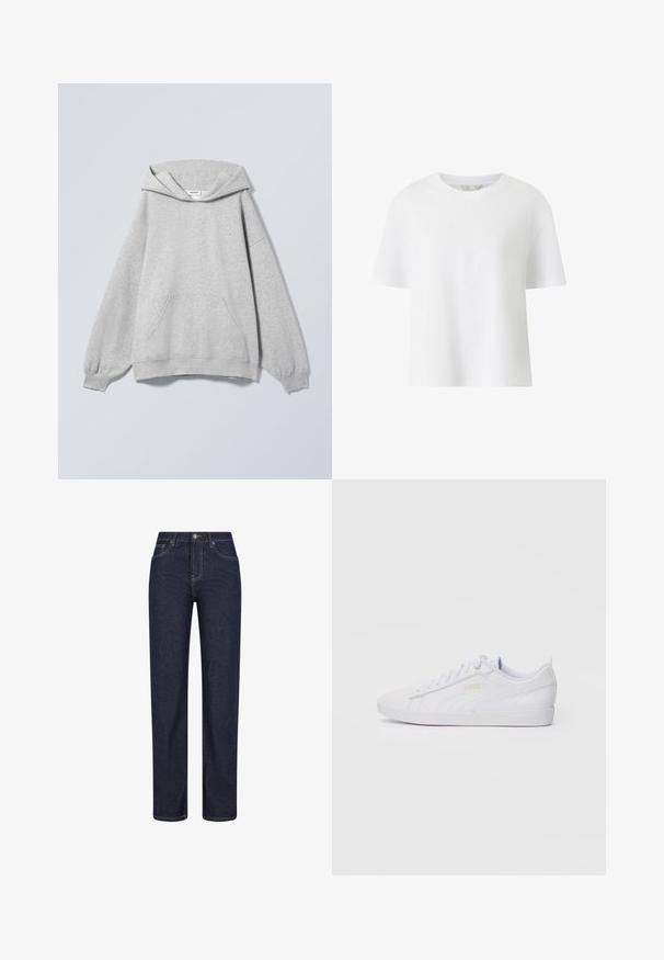 Lichtgrijze hooded sweater met lange mouwen, voorzak, geribde boorden en een "Weekday" label binnenin de kraag.; Witte katoenen t-shirt met korte mouwen, ronde halslijn, relaxed fit en een gladde textuur; geen patronen of graphics.; Donkerblauwe jeans met rechte pijpen, voorzakken, riemlussen en een knoopsluiting in de taille.; Witte lage Puma sneakers met gevlochten veters, subtiele branding aan de zijkant en onderzijde, en een gladde synthetische bovenkant voor casual gebruik.