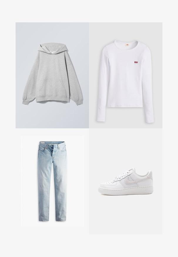 Hellgrauer Kapuzenpullover mit langen Ärmeln, Kängurutasche vorne, gerippten Bündchen und einem "Weekday"-Etikett innen im Kragen.; Weißes Levi's Langarmshirt mit Rundhalsausschnitt und kleinem rotem Levi's Logo auf der linken Brust, dargestellt vor einfarbigem Hintergrund.; Hellblaue Jeans aus Denim mit geradem Bein, fünf Taschen und Metallknöpfen am Standardbund.; Weißer Nike Air Force 1 Sneaker mit niedrigem Schaft, weißen Schnürsenkeln, Perforationen an der Zehenkappe und einem Mesh-Einsatz hinter dem Nike-Swoosh-Logo.