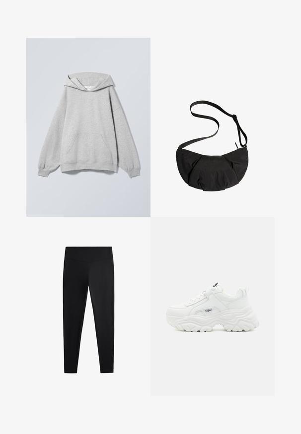 Lysegrå hættetrøje med lange ærmer, forlommer, ribkanter og et "Weekday"-mærke inde i kraven.; Sorte leggings lavet af glat, strækbart stof. Har en bred talje og en tapered ben-design, velegnet til aktiv eller afslappet brug.; Hvide chunky sneakers med en glat læderoverdel, rund tå og tyk tekstureret sål med et synligt brandlogo på siden.; Sort halvmåneformet crossbody-taske med justerbar rem og rynket stofdetalje mod en hvid baggrund.