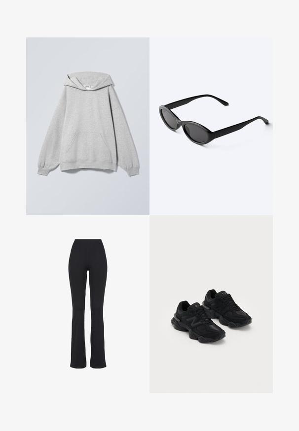 Sudadera con capucha de color gris claro, manga larga, bolsillo tipo canguro delantero, puños acanalados y etiqueta "Weekday" en el interior del cuello.; Pantalones de yoga negros de talle alto y ajustados con piernas acampanadas, presentados sobre un fondo blanco.; Zapatillas deportivas negras con un upper texturizado, que presentan un prominente logo "N", suela acolchada y una silueta moderna y estilizada.; Gafas de sol ovaladas negras y elegantes con lentes oscuras y patillas rectas, reposando sobre una superficie blanca.
