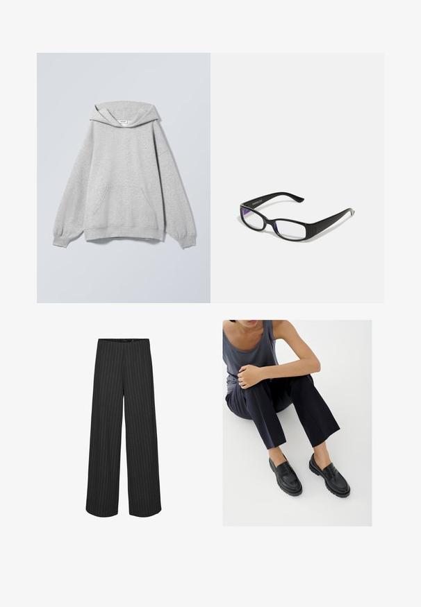Sweat à capuche gris clair avec manches longues, poche kangourou à l'avant, poignets côtelés et étiquette "Weekday" à l'intérieur du col.; Pantalons larges noirs à rayures verticales blanches, présentant une coupe ajustée et une texture lisse. Pas de poches ni de matériel visible.; Mocassins en cuir noir avec accents texturés, talon bas, bout arrondi, et coutures visibles. Modèle portant un pantalon sombre et un haut gris.; Des lunettes rectangulaires noires avec des verres transparents. Fini brillant, branches étroites et teinte violette visible sur les bords des verres.