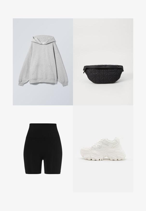 Sudadera con capucha de color gris claro, manga larga, bolsillo tipo canguro delantero, puños acanalados y etiqueta "Weekday" en el interior del cuello.; Shorts negros de cintura alta hechos de un material elástico. Presentan una cinturilla elástica gruesa y un diseño ajustado con una textura suave.; Zapatillas deportivas blancas y gruesas con un upper texturizado, paneles de malla y suelas de goma gruesas con un patrón de relieve prominente. Incluyen cordones y una lengüeta.; Bolso negro acolchado con una textura suave y acolchada y un patrón de diamantes angulares, con una silueta curvada y cierre de cremallera.