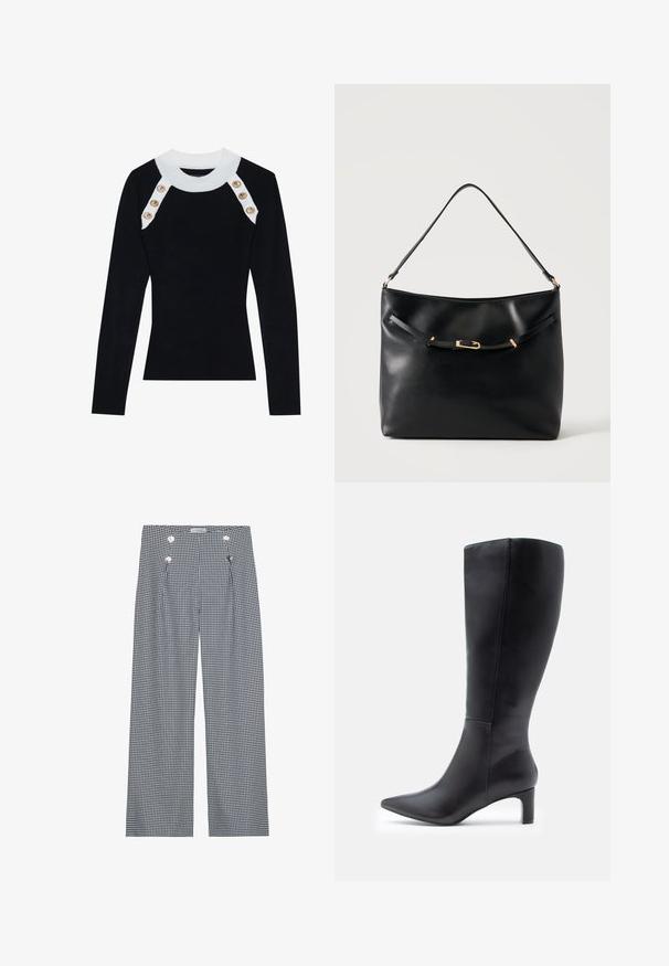 Haut noir côtelé à manches longues avec un col blanc et des accents de boutons dorés sur les épaules. Texture lisse, design ajusté.; Pantalons large en vichy noir et blanc avec plis avant et boutons dorés sur la taille. Texture de tissu lisse.; Bottes noires en cuir, arrivant jusqu'aux genoux, avec des bouts pointus, présentant un design épuré et un petit talon carré. Texture lisse avec des accents minimalistes.; Sac à épaule en cuir noir avec une bandoulière unique et un petit détail de boucle dorée à l'avant, sur un fond clair uni.