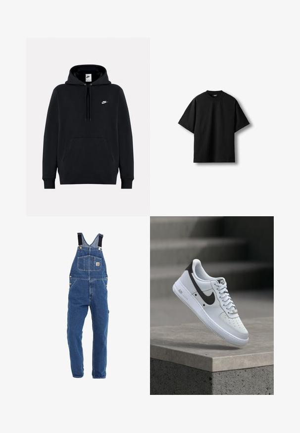 Must Nikei kapuutsiga pusa esitasku, nööridega kapuuts ja väike valge Nike logo vasakul rinnal.; Must lühikeste varrukatega ümara kaelusega t-särk lahtise lõikega, tasapinnal valgel taustal.; Keskmise sinise tooniga teksariided, millel on reguleeritavad mustad rihmad, mitmed taskud ja metallist hardware aktsendid.; Valge Nike Air Force 1 toss musta Swoosh logo jaotuses, hõljub betoonserva kohal, kus taustal on hägused trepid.