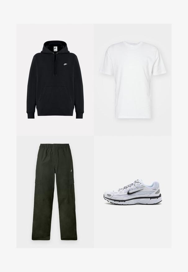 Čierna mikina Nike s kapucňou, predným vreckom, šnúrkou na kapucni a malým bielym logom Nike na ľavej strane hrudníka.; Biela bavlnená tričko s krátkymi rukávmi, okrúhlym výstrihom a hladkou textúrou. Jednoduchý dizajn bez vzorov alebo grafiky.; Cargo nohavice z tmavozelenej látky s elastickým pásom, obsahujúce dve bočné vrecká a malé logo na prednej strane.; Biele bežecké topánky s textilným zvrškom, zaoblenou špičkou, čiernymi akcentmi a vzorovanou podrážkou. Obsahujú šnurovanie a značku na boku.