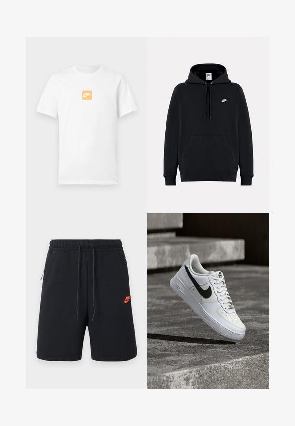 Μαύρο φούτερ Nike με τσέπη μπροστά, κουκούλα με κορδόνια και μικρό λευκό λογότυπο Nike στο αριστερό στήθος.; Λευκό κοντομάνικο βαμβακερό μπλουζάκι με μικρό πορτοκαλί τετράγωνο στο στήθος που περιέχει λευκό λογότυπο της Nike και το swoosh.; Μαύρο σορτς Nike με ελαστική μέση, κορδόνι, πλαϊνές τσέπες και μικρό πορτοκαλί λογότυπο Nike στο αριστερό μηρό.; Λευκό αθλητικό παπούτσι Nike Air Force 1 με μαύρο λογότυπο swoosh, δεμένα κορδόνια, τοποθετημένο στον αέρα πάνω από υφή σκυροδέματος σε εξωτερικό χώρο.