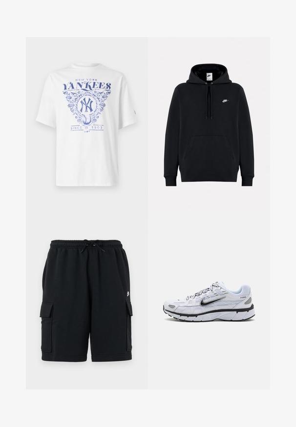 Must Nikei kapuutsiga pusa esitasku, nööridega kapuuts ja väike valge Nike logo vasakul rinnal.; Valge T-särk sinise trükisega, millel on "New York Yankees" ja ornamenteeritud detailid ning "Since 1903" pesapalli graafika all. Lühikesed varrukad.; Mustad puuvillast cargo-teksapüksid, millel on elastne vöökoht ja nöör, kaks küljetaskut ning väike logoaksent.; Valge jooksutoss, millel on võrkmaterjalist pealis, ümar varvas, mustad aksessuaarid ja mustriline tall. Omab paeltega kinnitamist ja brändingut külgedel.