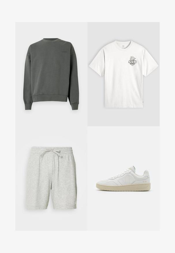 Hallhalli hall-sweater, mis on valmistatud pehmest puuvillast, ribidega varruka- ja alusosa, väikese logoga, mis on tikitud rinnaosa.; Valge lühikeste varrukatega T-särk, millel on must graafika naeratavast päikesest ja sõnad "SUN SEEKER" vasakul ülaosas rinnal.; Heledad hallide sportlikud lühikesed püksid, mis on valmistatud pehmest kangast. Neil on elastne vöökoht koos reguleeritava paelaga ja kaks küljetaskut.; Valged nahast spordijalatsid tekstuurse viimistlusega ja pehmendatud kaelusega. Omab beeži kummist tallat ja diskreetset brändingut kandade ja külgede peal.