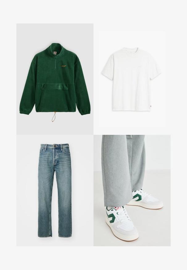 Grøn fleece pullover med halvlukning ved kraven, elastiske manchetter og en frontlomme. Har en orange logo på brystet. Blød tekstur.; Hvid t-shirt i bomuld med korte ærmer, rund halsudskæring og en diskret "Levi's"-logo trykt i lyse farver på forsiden.; Lysblå denimjeans med lige pasform, fem-lomme design og synlig syning. Har en metalknap og lynlåslukning.; Hvide og grønne sneakers med glat læder og ruskindsmaterialer, der har en fremtrædende grøn logo-accents og hvide snørebånd. Grå bukser er delvist synlige.