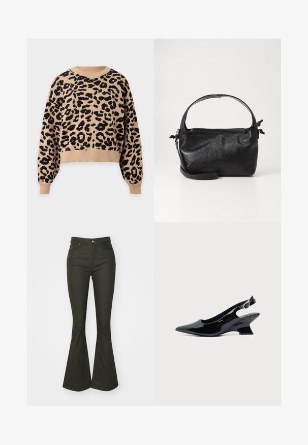 Pull beige à manches longues avec motif léopard noir, col rond, poignets et ourlet côtelés.; Jean évasé noir en denim doux. Caractéristiques : taille haute, poches avant et fermeture à bouton en laiton. Coupe ajustée au niveau des cuisses.; Chaussure slingback en cuir verni noir avec bout pointu et petit talon bloc incliné sur fond clair uni.; Sac à main en cuir noir au design structuré, avec une poignée arrondie et une bandoulière amovible. Présente une texture lisse et un éclat subtil.