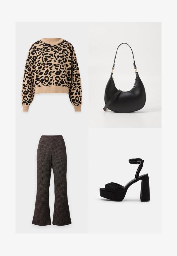 Jersey beige de manga larga con estampado de leopardo negro, cuello redondo, puños y bajo acanalados.; Pantalones negros acampanados hechos de un tejido texturizado con un diseño de punto, que cuentan con una cintura alta y piernas anchas.; Sandalias de plataforma negras con textura de ante, amplia tira frontal, tira en el tobillo con hebilla y tacón grueso. Diseño elegante y moderno.; Bolso de mano de cuero negro con forma curva, que cuenta con un cierre superior con cremallera, un asa corta y una correa para el hombro desmontable. Accesorios en dorado.