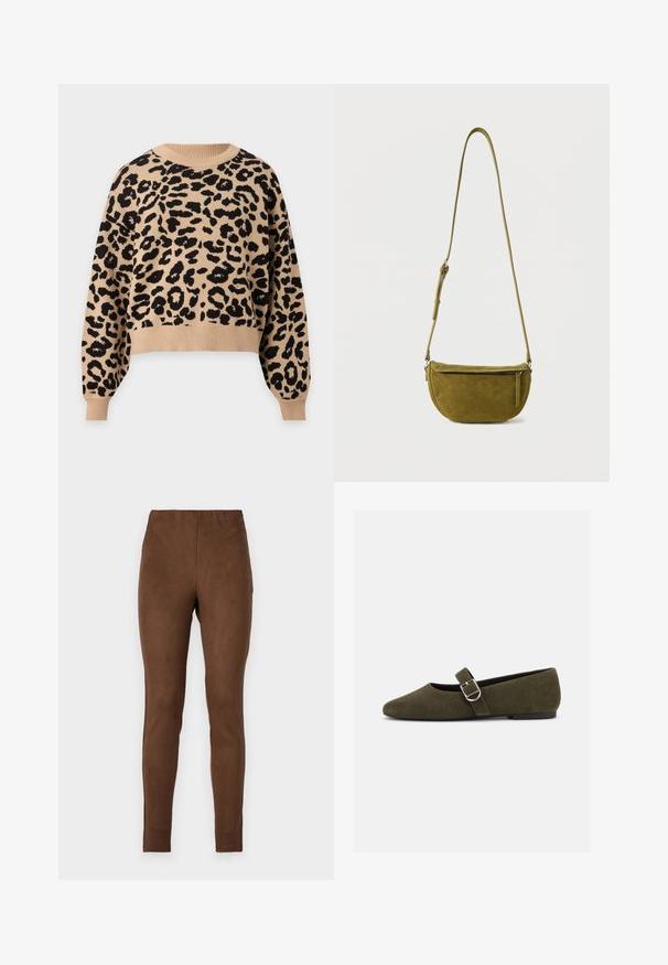 Beige sweater med lange ærmer og sort leopardmønster, ribbet rund hals, manchetter og kant.; Brune leggings lavet af et blødt, sued-lignende materiale; tætsiddende design, glat tekstur og elastisk talje for komfort.; Æblegrøn ruskind Mary Jane flad sko med sølvspænde og rundet tå, vist på en hvid baggrund.; Olivengrøn ruskind skuldertaske med justerbar rem og lynlåslomme foran på ensfarvet hvid baggrund.