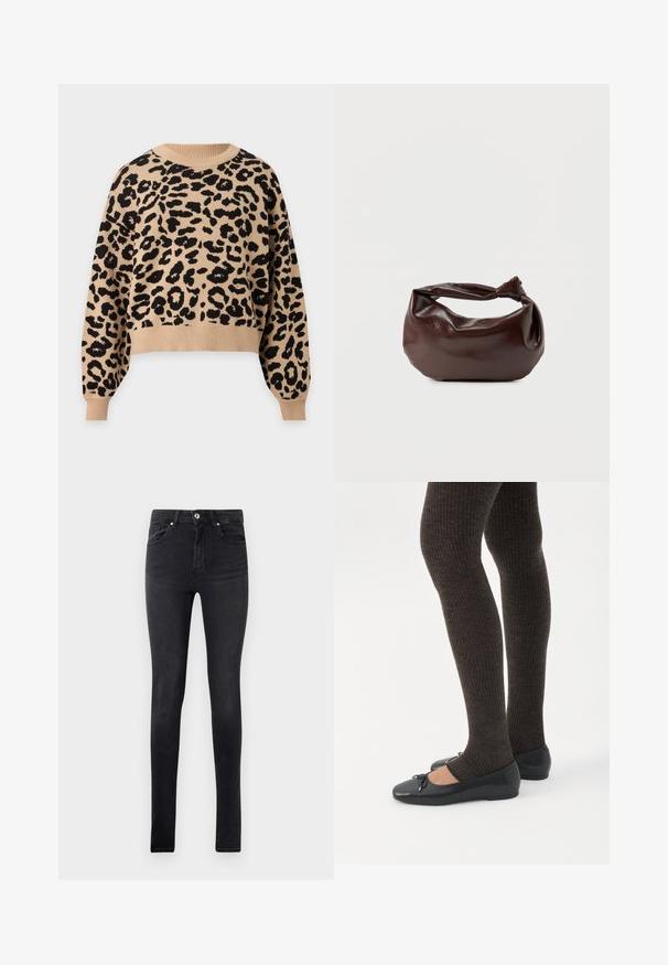Beige sweater med lange ærmer og sort leopardmønster, ribbet rund hals, manchetter og kant.; Sorte slim-fit denim jeans med fem lommer og knapåbning i taljen, præsenteret mod en ensfarvet hvid baggrund.; Ben iført mørke ribbede leggings kombineret med sorte balletsko med små sløjfedetaljer på hvid baggrund.; Mørkebrun læder skuldertaske med en blød, afslappet form og et snoet knudehåndtag på en ensartet hvid baggrund.