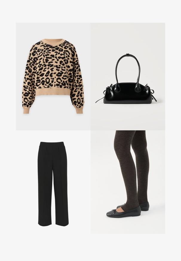 Beige sweater med lange ærmer og sort leopardmønster, ribbet rund hals, manchetter og kant.; Sorte bukser med bredde ben og flad talje, med forreste folder og en glat tekstur. Ingen synlige lommer eller metaldele.; Ben iført mørke ribbede leggings kombineret med sorte balletsko med små sløjfedetaljer på hvid baggrund.; Lille sort blank håndtaske med to lange håndtag og snøre-detaljer i siden på en ensfarvet lys baggrund.