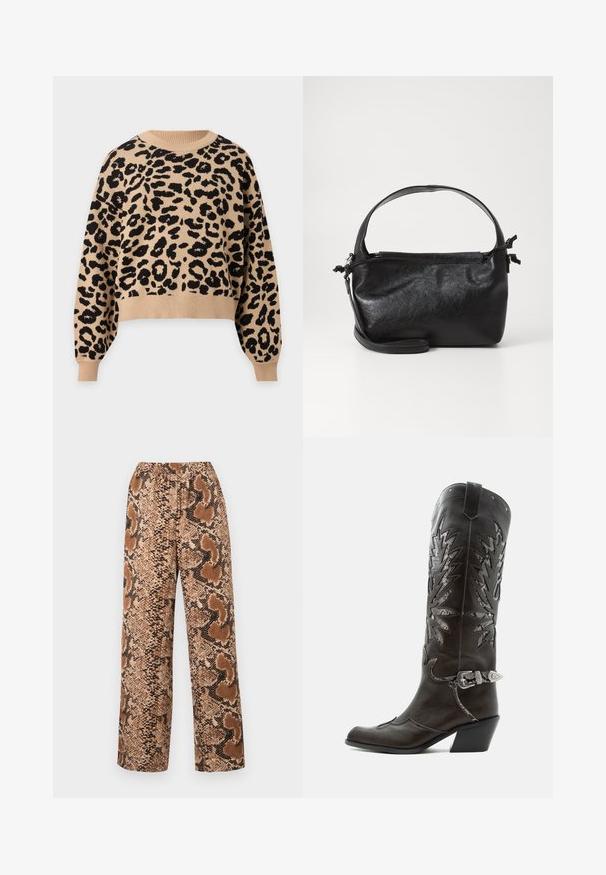 Pull beige à manches longues avec motif léopard noir, col rond, poignets et ourlet côtelés.; Pantalons large avec un motif en serpent brun et noir, taille élastique et tissu texturé avec une finition lisse.; Botte de cowboy en cuir noir avec découpes décoratives, boucle argentée et talon incliné, présentée sur fond blanc.; Sac à main en cuir noir au design structuré, avec une poignée arrondie et une bandoulière amovible. Présente une texture lisse et un éclat subtil.