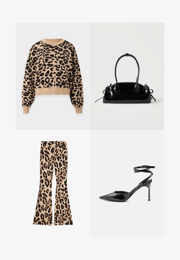 Jersey beige de manga larga con estampado de leopardo negro, cuello redondo, puños y bajo acanalados.; Pantalones acampanados de estampado de leopardo que presentan una textura acanalada, en colores beige y negro, con patrones de manchas variables a lo largo de la tela.; Tacón stiletto de charol negro con punta puntiaguda, tiras finas en el tobillo y cierre pequeño de hebilla.; Pequeño bolso negro brillante con dos asas largas y detalles de cordón lateral sobre un fondo claro liso.