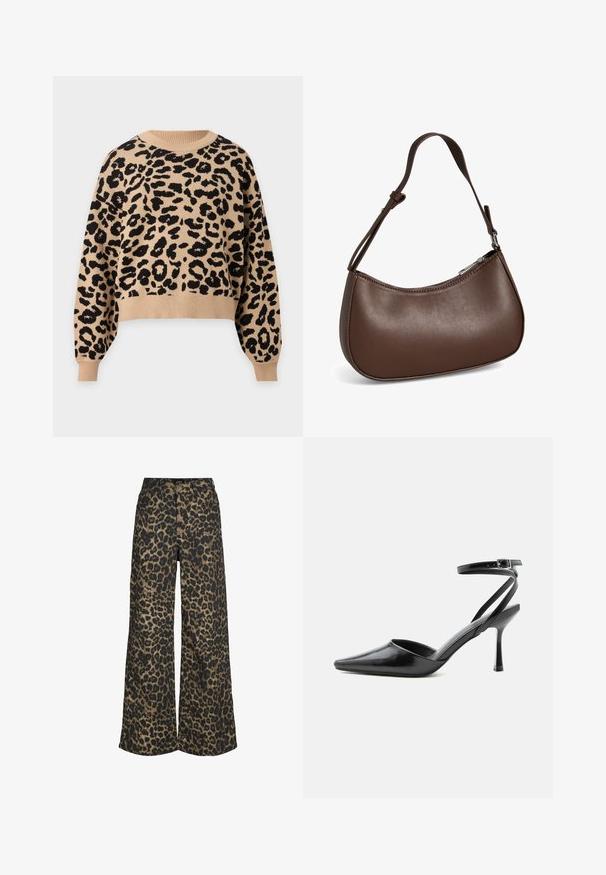 Beige trui met lange mouwen, zwart luipaardpatroon, geribde ronde hals, manchetten en zoom.; Broek met wijde pijpen en een all-over bruin-zwarte luipaardprint, met knopen en ritssluiting aan de voorkant.; Zwarte pumps met puntige neus, dunne enkelbandjes en een zilveren gesp op een effen lichte achtergrond.; Kleine bruine leren schoudertas met verstelbare band en ritssluiting, getoond tegen een witte achtergrond. Geen zichtbaar merk of versieringen.