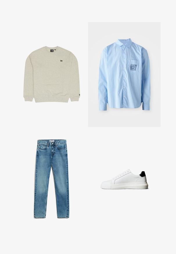 Hellgrauer Sweatshirt aus weichem Stoff, mit rundem Halsausschnitt und gerippten Bündchen. Kleines schwarzes Logo auf der linken Brust.; Hellblau gestreifte Button-up-Hemd mit langen Ärmeln, ausgestattet mit einer Brusttasche, auf der "OBEY" in fetter schwarzer Schrift gestickt ist.; Helle blaue Denim-Jeans mit geradem Schnitt, fünf Taschen, Reißverschluss und dezentem Ausbleichen des Stoffes. Metallknopfverschluss.; Weiße Leder-Sneaker mit schwarzem Fersenakzent, ausgestattet mit flachen Schnürsenkeln, einer abgerundeten Schuhspitze und einer gerippten Gummisohle für besseren Halt.
