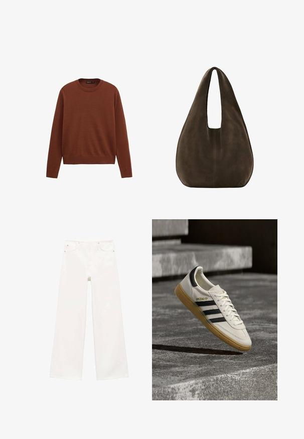 Bruine trui met lange mouwen en ronde hals, met geribbelde manchetten en zoom, getoond op een witte achtergrond.; Witte hoge taille wijde pijpen jeans met een rits en knoopsluiting aan de voorkant, twee voorke pockets en lussen voor een riem.; Witte Adidas Spezial sneaker met zwarte strepen en gumzool, zwevend boven grijze stenen trappen buiten.; Zachte donkerbruine suède hobo tas met een brede enkele schouderriem en afgeronde onderkant op een witte achtergrond.