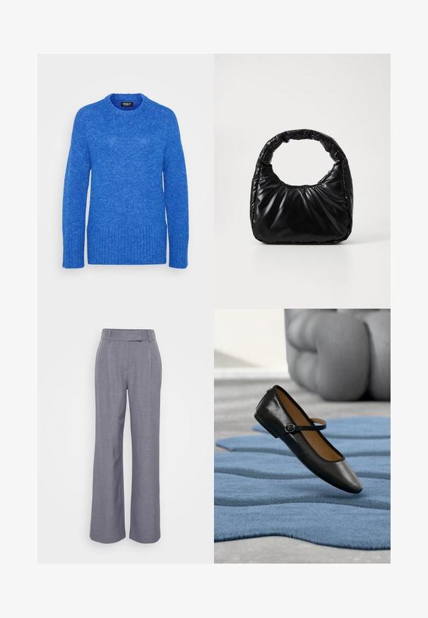 Pull en tricot bleu avec un col rond, des manches longues, un ourlet côtelé et une finition texturée. Le tissu est doux et légèrement duveteux.; Pantalons larges gris en tissu texturé. Dotés d'une taille plate avec passants de ceinture et de plis à l'avant pour un détail supplémentaire.; Chaussure Mary Jane en cuir noir avec bride à boucle, posée sur un tapis bleu texturé, avec un canapé gris capitonné flou en arrière-plan.; Sac à main noir rembourré avec une poignée arrondie, présentant une surface lisse et brillante ainsi qu'une texture douce et matelassée. Pas de quincaillerie ou d'accents visibles.