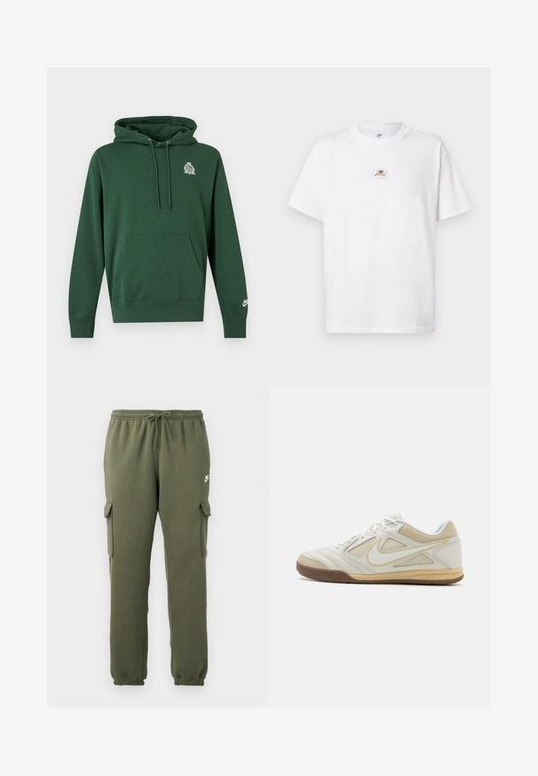 Tume roheline kapuutsiga dressipluus, esikülje taskuga, kapuutsis paelad, väike valge vapp vasakul rinnal ja valge Nike logo vasakul randmel.; Valge puuvillane t-särk ümarate kaeluse ja lühikeste varrukatega. Rinnal on väike pruun-valge logoplaat.; Oliivroheline cargo püksid elastse vöökohtaga, nööriga sulgemine, küljetaskud ja brändi logo reiel. Sile puuvilla ja sünteetilise kiudude segu kangas.; Valge sportlik king, millel on tekstuuriga ülemine osa, hallid aktsendid, nööpidega disain ja pruun kummist tall. Ühel küljel on silmapaistev logo.