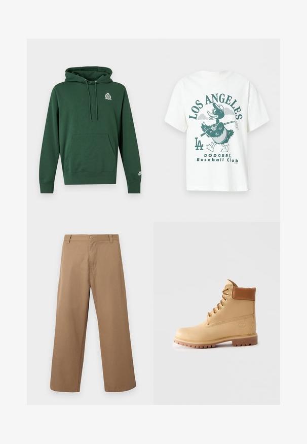 Dunkelgrüner Hoodie mit Fronttasche, Kordelzug an der Kapuze, kleinem weißen Wappen auf der linken Brust und weißem Nike-Logo am linken Handgelenk.; Weißes T-Shirt mit grünem Motiv einer Ente in Baseballkappe, die einen Schläger hält, mit dem Schriftzug „Los Angeles Dodgers Baseball Club“.; Beige weit geschnittene Hosen mit Gürtelösen, vorderem Knopf- und Reißverschluss, vor einem einfarbigen hellen Hintergrund dargestellt.; Hellbraune Leder-Ankle-Boots mit gepolstertem Kragen, goldenen Ösen, braunen Schnürsenkeln und dicker Profilsohle auf hellem, einfarbigem Hintergrund.