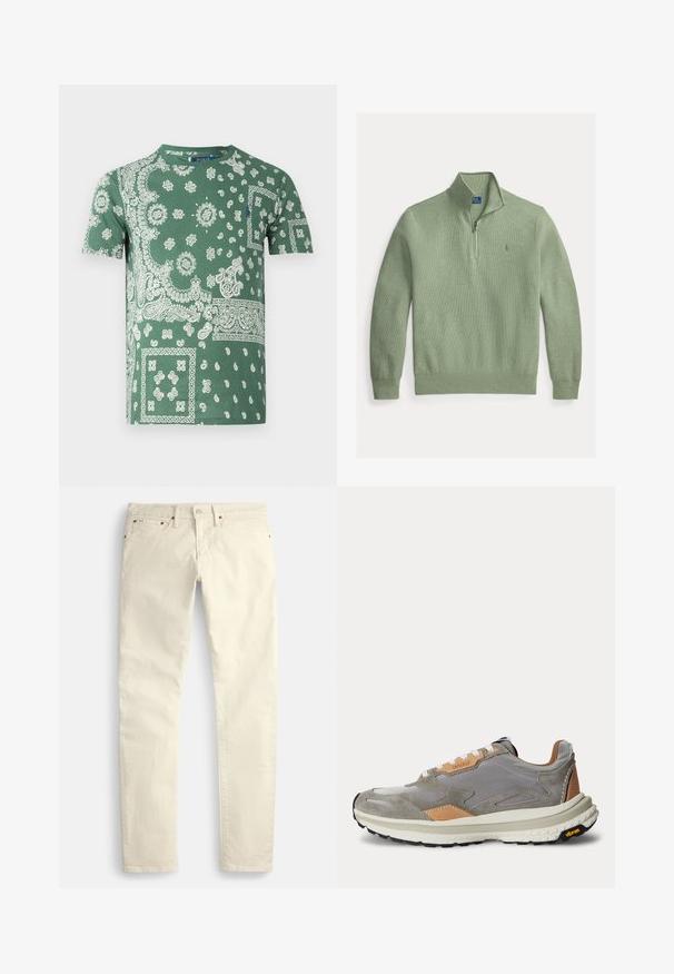 Lysegrøn tekstureret striktrøje med lange ærmer, kvart lynlåslukning ved kraven og broderet logo på venstre bryst.; Grøn bomulds T-shirt med indviklede hvide paisley- og blomsterillustrationer, rund hals og korte ærmer.; Lysebeige bukser med lige ben lavet af et struktureret stof. Har fem lommer og brune metaldele. Ingen synlige mønstre eller accenter.; Grå og beige afslappet sneaker med hvide snørebånd, tekstureret sål og Vibram-logo på sort ydersål, vist i sideprofil.