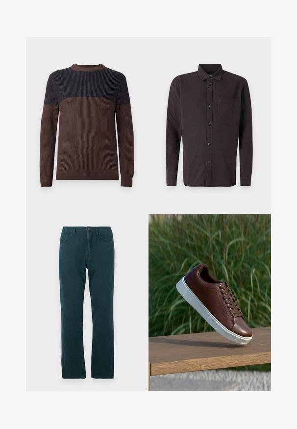 Pull en maille côtelée à manches longues avec un bas et des manches marron et un haut de poitrine et des épaules bleu marine foncé.; Chemise à manches longues marron foncé en coton, avec un col à boutons, une poche avant et des boutons noirs pour la fermeture.; Jean droit bleu canard avec fermeture à bouton et zip à l'avant, poches avant et arrière, présenté à plat sur fond blanc.; Baskets en cuir marron avec semelle en caoutchouc blanche, design à lacets, texture lisse, bout arrondi et détails de couture subtils.