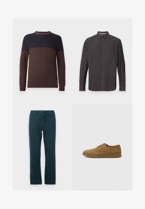 Ribbet strikket langærmet sweater med en brun underkrop og ærmer samt mørkeblå overkrop og skuldre.; Langærmet skjorte med knapper i mørkt ternet mønster. Har en klassisk krave, brystlomme og sorte knapper. Lavet af letvægtsstof.; Mørk teal lige jeans med frontknap og lynlås, for- og baglommer, vist fladt på hvid baggrund.; Brun ruskindslærredsko med snørebånd og flad gummisål, set fra siden på en ensfarvet lys baggrund.