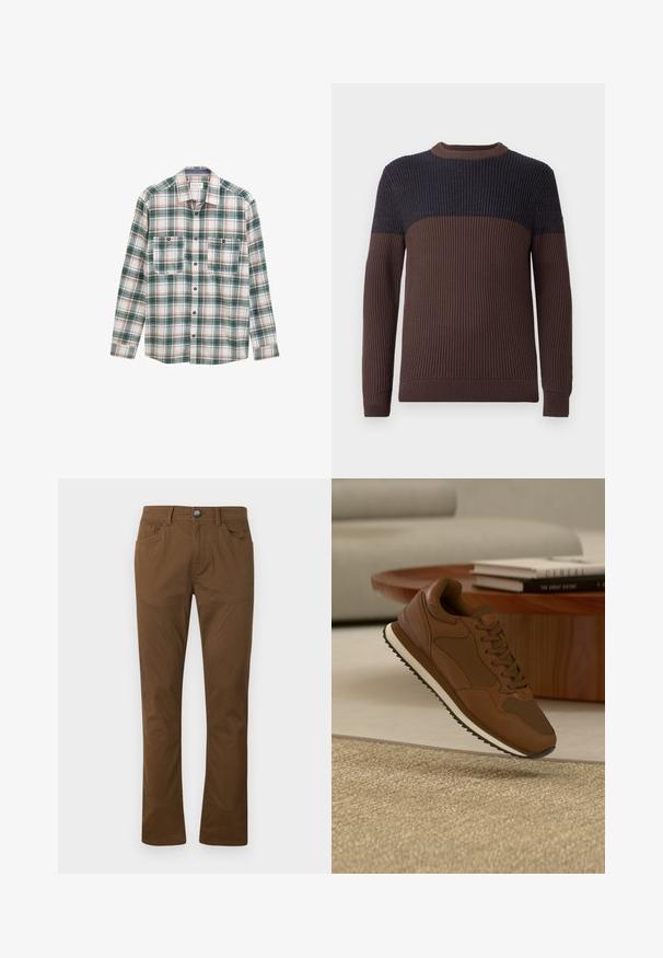 Ribbet strikket langærmet sweater med en brun underkrop og ærmer samt mørkeblå overkrop og skuldre.; Langærmet skjorte med knapper i grøn, hvid og rød plaidmønster, to knaplukket brystlommer foran og klassisk krave.; Brune lige bukser med forknytte og lynlås, for- og baglommer samt bæltestropper.; Brun sneaker med hvid sål ophængt over beige tæppe foran et træbord med stablede bøger og lysegrå sofa i baggrunden.